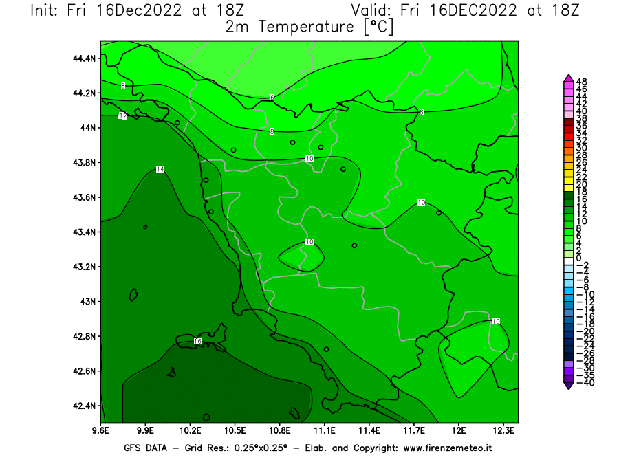 Mappa di analisi GFS - Temperatura a 2 metri dal suolo [°C] in Toscana
							del 16/12/2022 18 <!--googleoff: index-->UTC<!--googleon: index-->