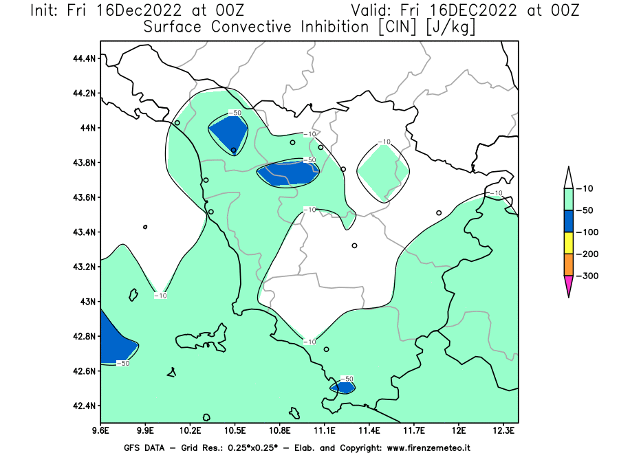 Mappa di analisi GFS - CIN [J/kg] in Toscana
							del 16/12/2022 00 <!--googleoff: index-->UTC<!--googleon: index-->