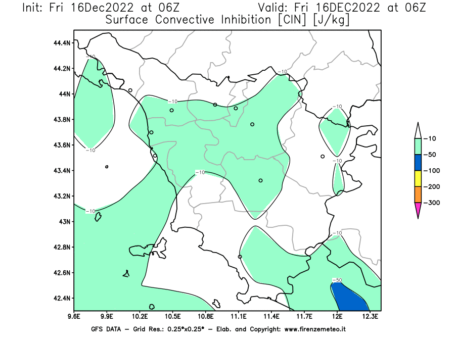 Mappa di analisi GFS - CIN [J/kg] in Toscana
							del 16/12/2022 06 <!--googleoff: index-->UTC<!--googleon: index-->