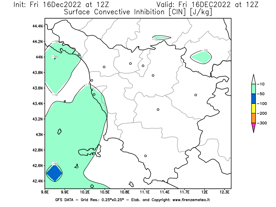 Mappa di analisi GFS - CIN [J/kg] in Toscana
							del 16/12/2022 12 <!--googleoff: index-->UTC<!--googleon: index-->