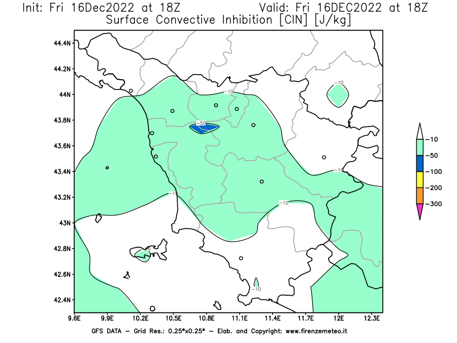 Mappa di analisi GFS - CIN [J/kg] in Toscana
							del 16/12/2022 18 <!--googleoff: index-->UTC<!--googleon: index-->
