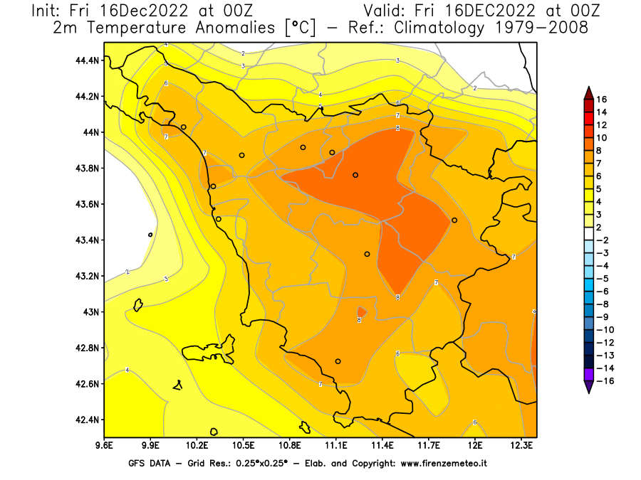 Mappa di analisi GFS - Anomalia Temperatura [°C] a 2 m in Toscana
							del 16/12/2022 00 <!--googleoff: index-->UTC<!--googleon: index-->