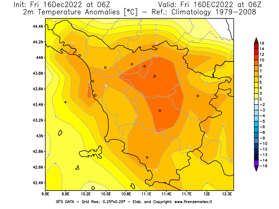 Mappa di analisi GFS - Anomalia Temperatura [°C] a 2 m in Toscana
							del 16/12/2022 06 <!--googleoff: index-->UTC<!--googleon: index-->