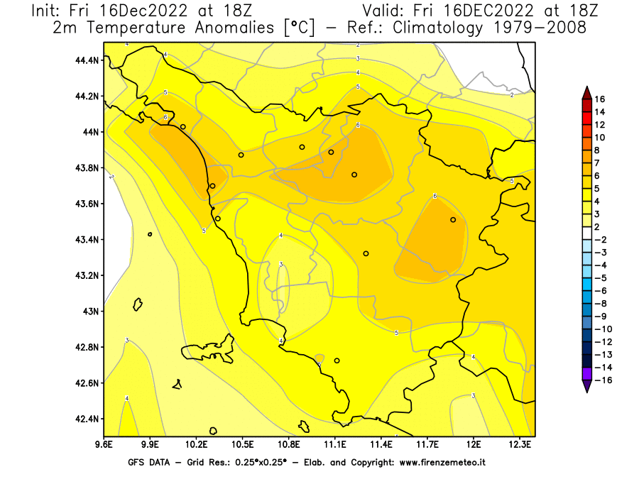 Mappa di analisi GFS - Anomalia Temperatura [°C] a 2 m in Toscana
							del 16/12/2022 18 <!--googleoff: index-->UTC<!--googleon: index-->