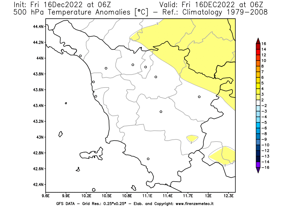 Mappa di analisi GFS - Anomalia Temperatura [°C] a 500 hPa in Toscana
							del 16/12/2022 06 <!--googleoff: index-->UTC<!--googleon: index-->