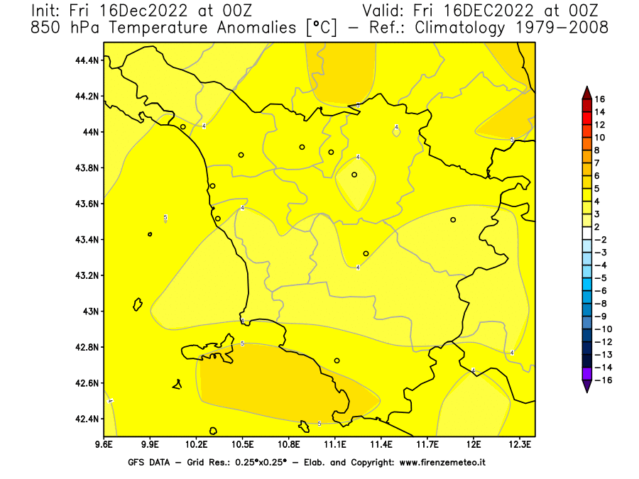 Mappa di analisi GFS - Anomalia Temperatura [°C] a 850 hPa in Toscana
							del 16/12/2022 00 <!--googleoff: index-->UTC<!--googleon: index-->