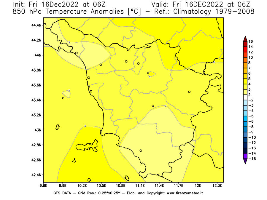 Mappa di analisi GFS - Anomalia Temperatura [°C] a 850 hPa in Toscana
							del 16/12/2022 06 <!--googleoff: index-->UTC<!--googleon: index-->