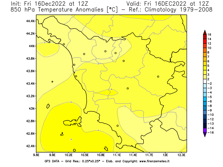 Mappa di analisi GFS - Anomalia Temperatura [°C] a 850 hPa in Toscana
							del 16/12/2022 12 <!--googleoff: index-->UTC<!--googleon: index-->