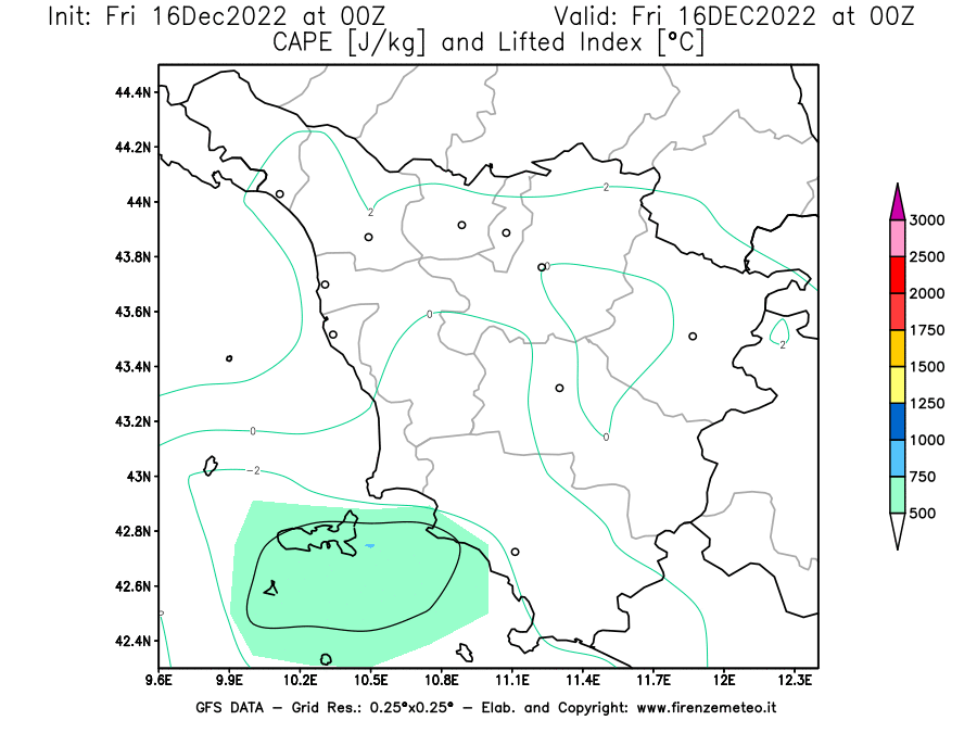 Mappa di analisi GFS - CAPE [J/kg] e Lifted Index [°C] in Toscana
							del 16/12/2022 00 <!--googleoff: index-->UTC<!--googleon: index-->