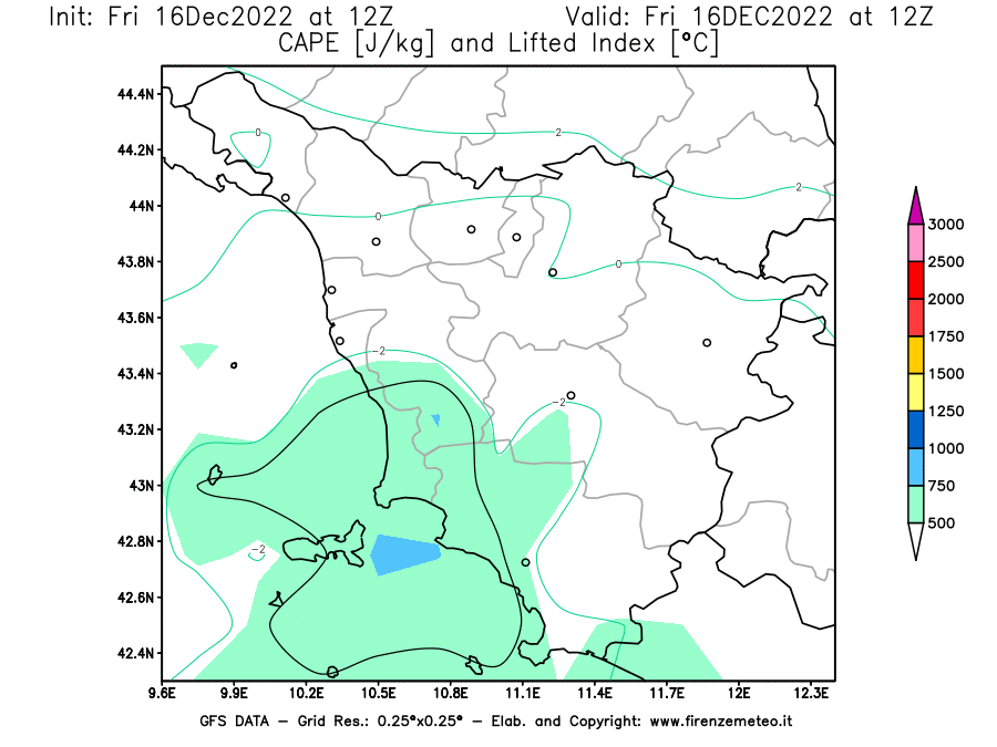 Mappa di analisi GFS - CAPE [J/kg] e Lifted Index [°C] in Toscana
							del 16/12/2022 12 <!--googleoff: index-->UTC<!--googleon: index-->
