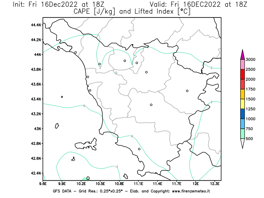 Mappa di analisi GFS - CAPE [J/kg] e Lifted Index [°C] in Toscana
							del 16/12/2022 18 <!--googleoff: index-->UTC<!--googleon: index-->