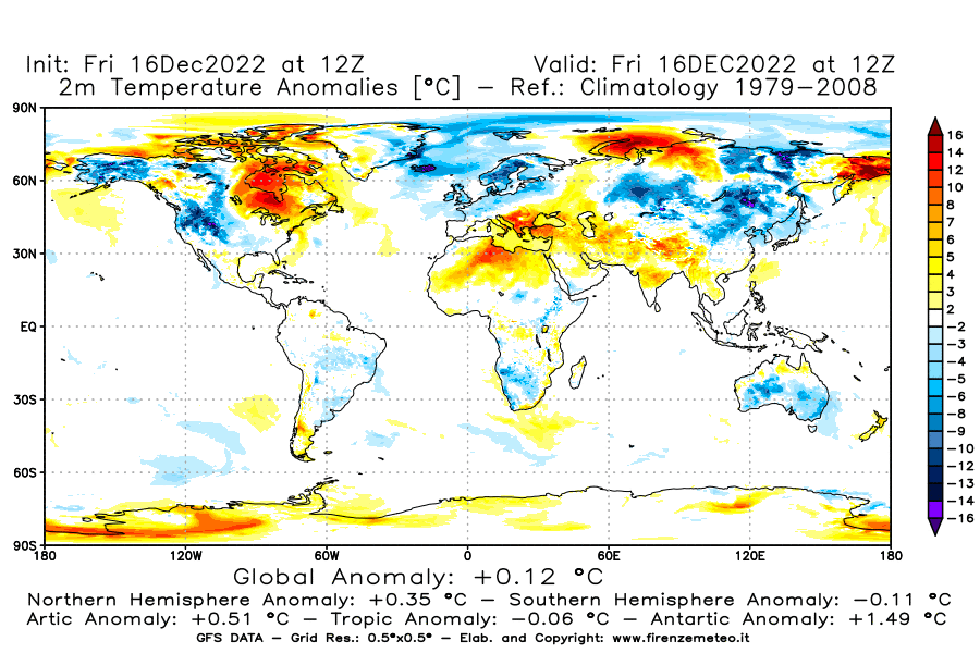 Mappa di analisi GFS - Anomalia Temperatura [°C] a 2 m in World
							del 16/12/2022 12 <!--googleoff: index-->UTC<!--googleon: index-->