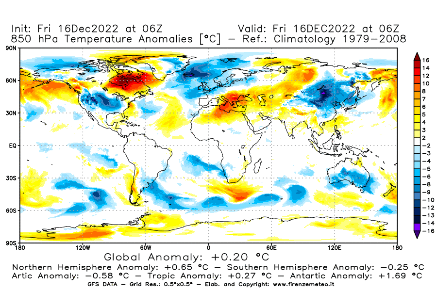 Mappa di analisi GFS - Anomalia Temperatura [°C] a 850 hPa in World
							del 16/12/2022 06 <!--googleoff: index-->UTC<!--googleon: index-->