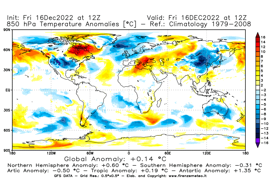 Mappa di analisi GFS - Anomalia Temperatura [°C] a 850 hPa in World
							del 16/12/2022 12 <!--googleoff: index-->UTC<!--googleon: index-->