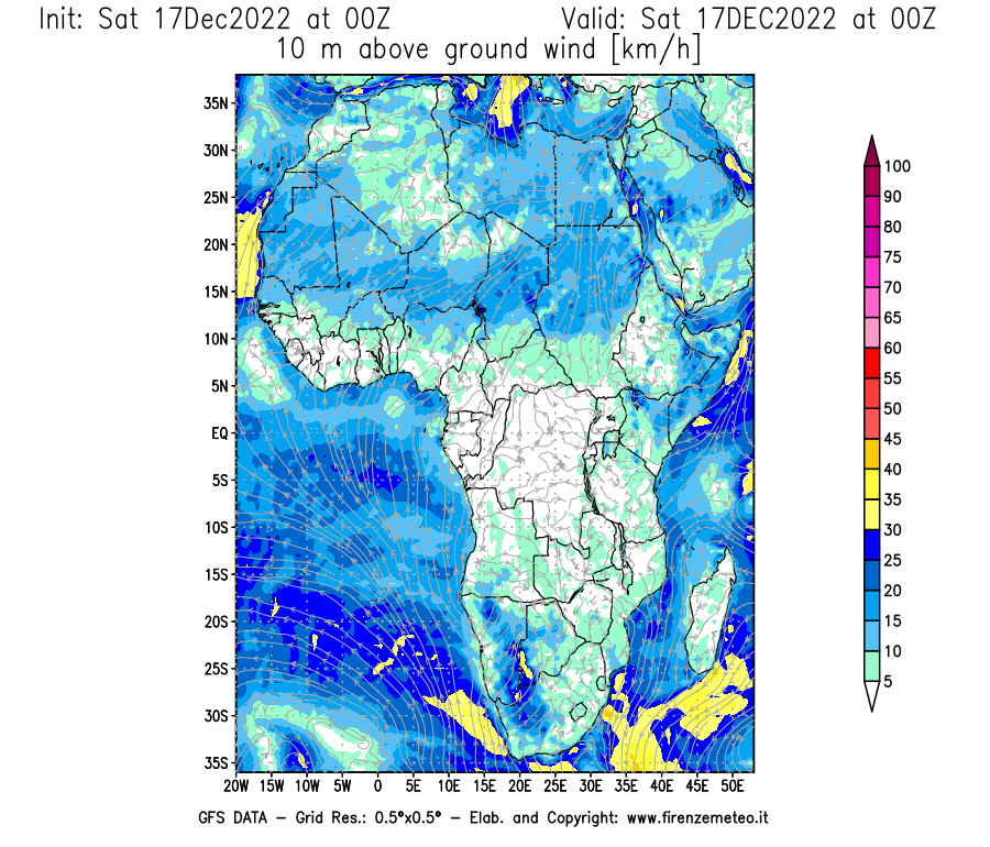 Mappa di analisi GFS - Velocità del vento a 10 metri dal suolo [km/h] in Africa
							del 17/12/2022 00 <!--googleoff: index-->UTC<!--googleon: index-->