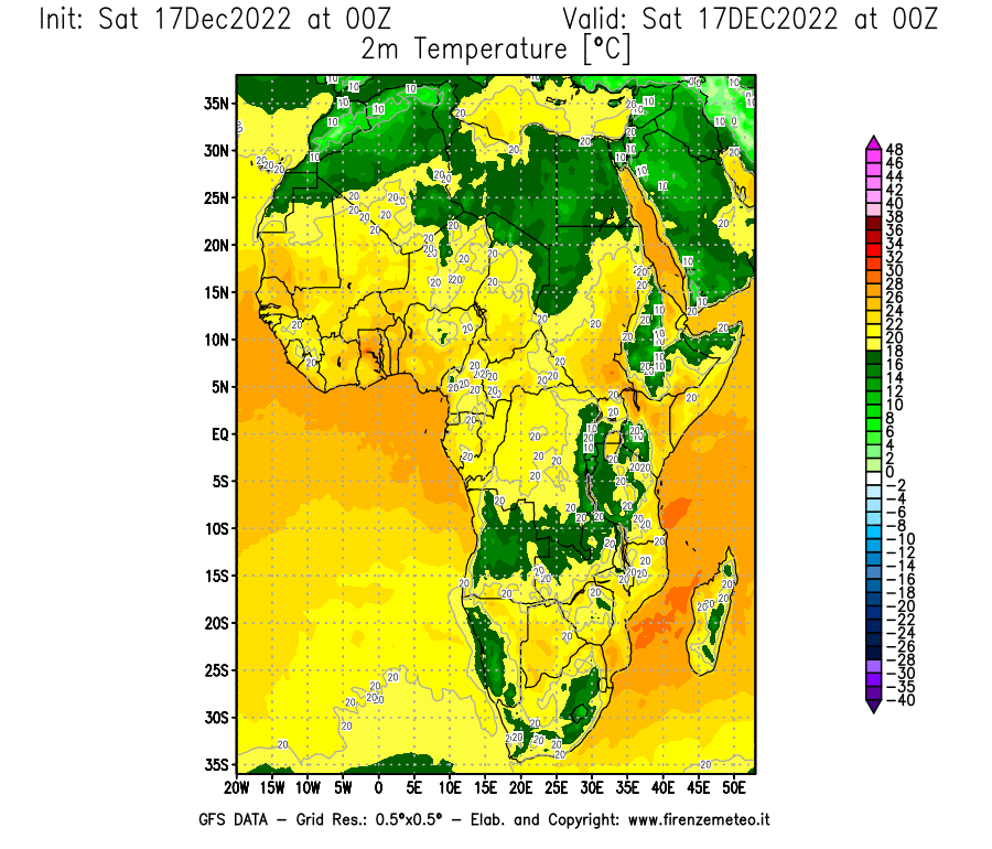 Mappa di analisi GFS - Temperatura a 2 metri dal suolo [°C] in Africa
							del 17/12/2022 00 <!--googleoff: index-->UTC<!--googleon: index-->