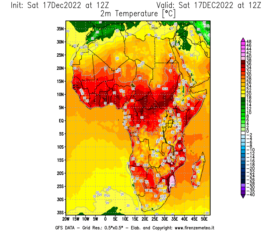 Mappa di analisi GFS - Temperatura a 2 metri dal suolo [°C] in Africa
							del 17/12/2022 12 <!--googleoff: index-->UTC<!--googleon: index-->