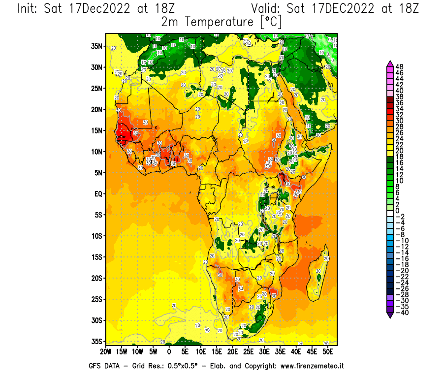 Mappa di analisi GFS - Temperatura a 2 metri dal suolo [°C] in Africa
							del 17/12/2022 18 <!--googleoff: index-->UTC<!--googleon: index-->