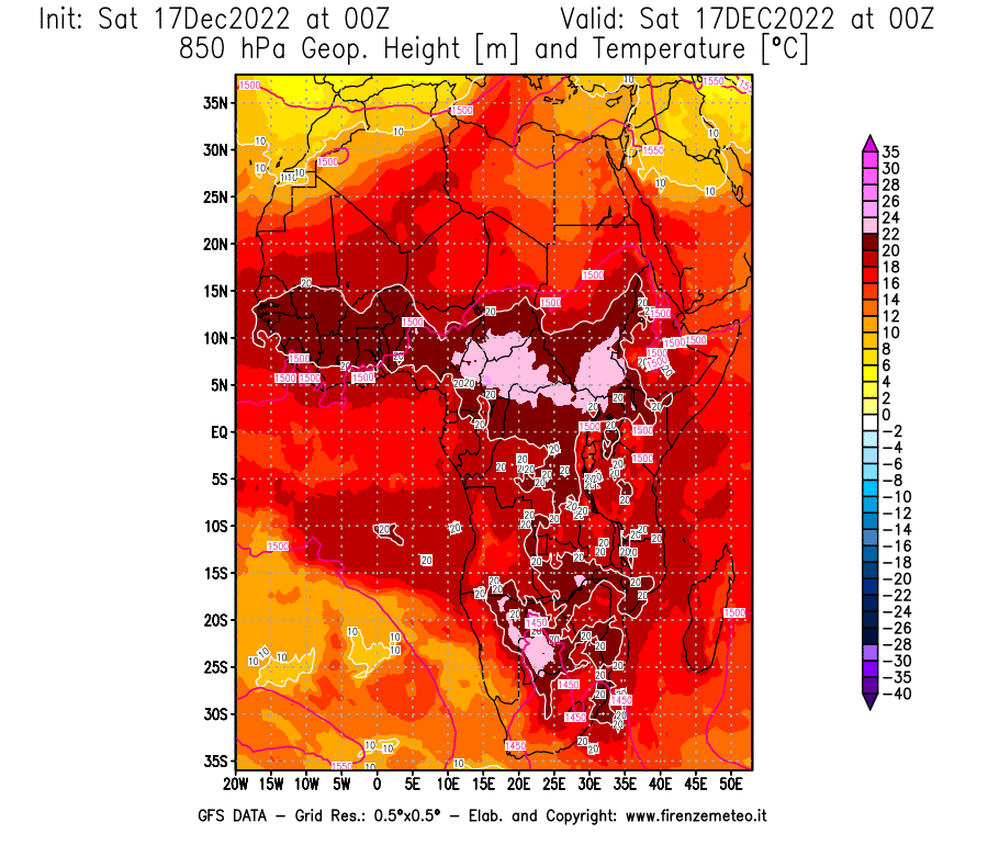 Mappa di analisi GFS - Geopotenziale [m] e Temperatura [°C] a 850 hPa in Africa
							del 17/12/2022 00 <!--googleoff: index-->UTC<!--googleon: index-->