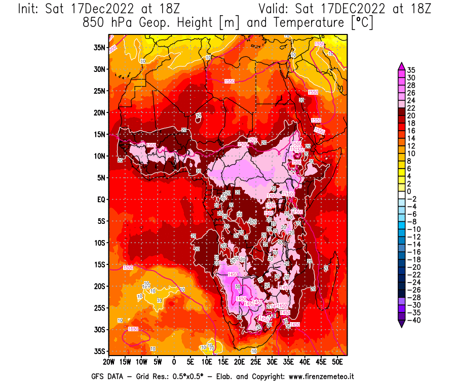 Mappa di analisi GFS - Geopotenziale [m] e Temperatura [°C] a 850 hPa in Africa
							del 17/12/2022 18 <!--googleoff: index-->UTC<!--googleon: index-->