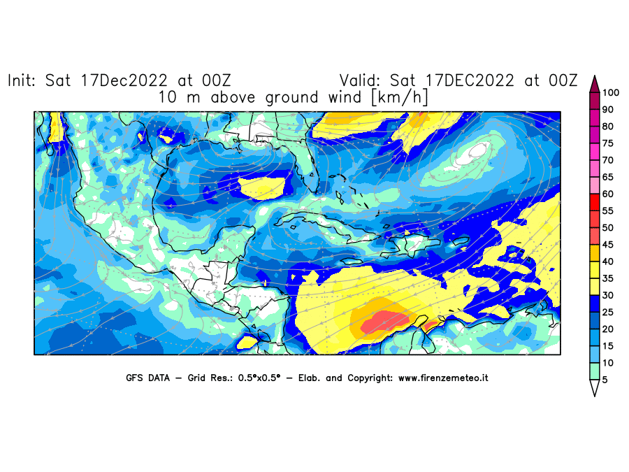 Mappa di analisi GFS - Velocità del vento a 10 metri dal suolo [km/h] in Centro-America
							del 17/12/2022 00 <!--googleoff: index-->UTC<!--googleon: index-->