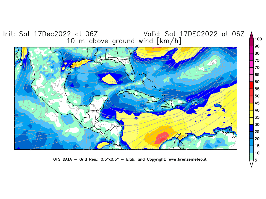 Mappa di analisi GFS - Velocità del vento a 10 metri dal suolo [km/h] in Centro-America
							del 17/12/2022 06 <!--googleoff: index-->UTC<!--googleon: index-->
