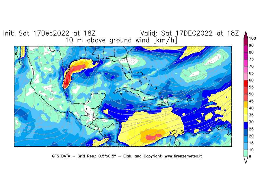 Mappa di analisi GFS - Velocità del vento a 10 metri dal suolo [km/h] in Centro-America
							del 17/12/2022 18 <!--googleoff: index-->UTC<!--googleon: index-->