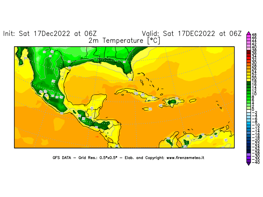 Mappa di analisi GFS - Temperatura a 2 metri dal suolo [°C] in Centro-America
							del 17/12/2022 06 <!--googleoff: index-->UTC<!--googleon: index-->