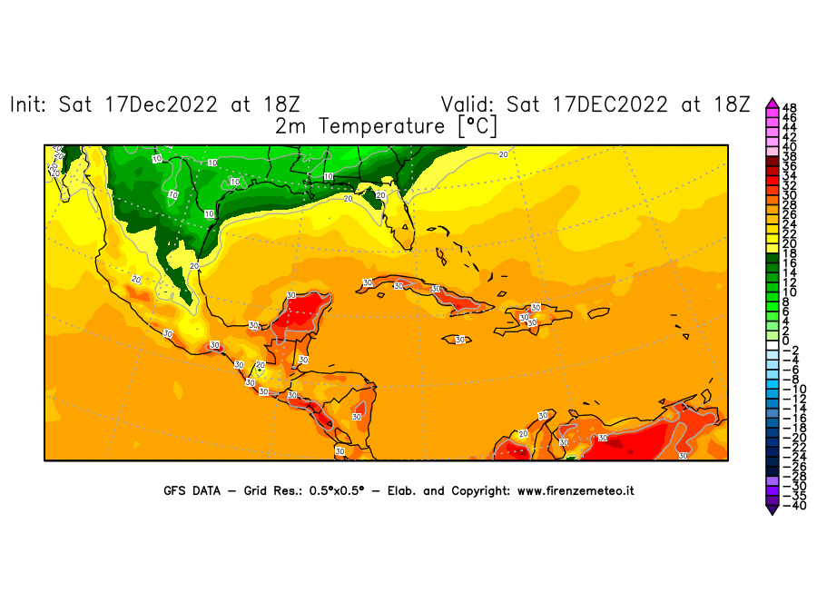 Mappa di analisi GFS - Temperatura a 2 metri dal suolo [°C] in Centro-America
							del 17/12/2022 18 <!--googleoff: index-->UTC<!--googleon: index-->