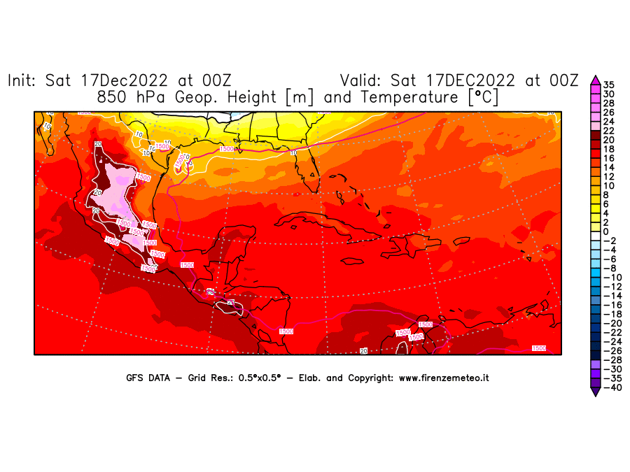 Mappa di analisi GFS - Geopotenziale [m] e Temperatura [°C] a 850 hPa in Centro-America
							del 17/12/2022 00 <!--googleoff: index-->UTC<!--googleon: index-->