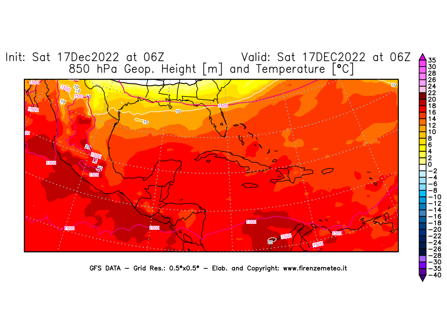 Mappa di analisi GFS - Geopotenziale [m] e Temperatura [°C] a 850 hPa in Centro-America
							del 17/12/2022 06 <!--googleoff: index-->UTC<!--googleon: index-->