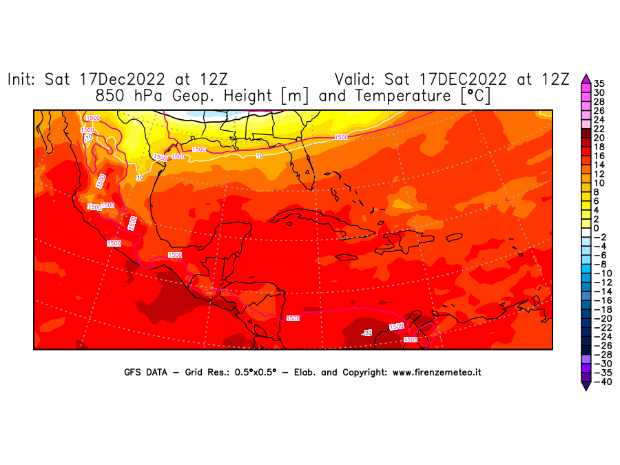 Mappa di analisi GFS - Geopotenziale [m] e Temperatura [°C] a 850 hPa in Centro-America
							del 17/12/2022 12 <!--googleoff: index-->UTC<!--googleon: index-->