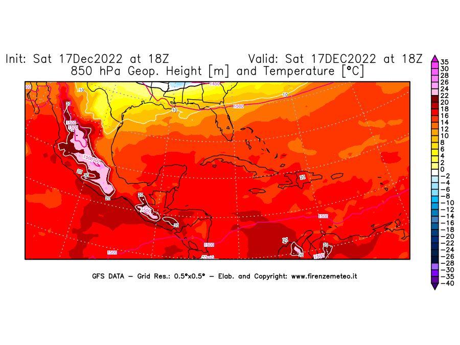 Mappa di analisi GFS - Geopotenziale [m] e Temperatura [°C] a 850 hPa in Centro-America
							del 17/12/2022 18 <!--googleoff: index-->UTC<!--googleon: index-->