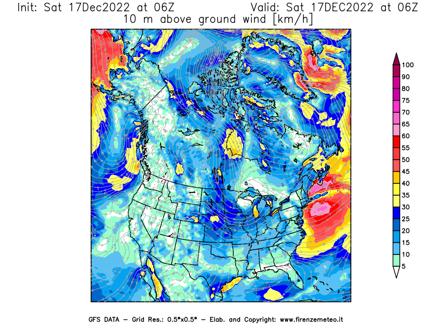 Mappa di analisi GFS - Velocità del vento a 10 metri dal suolo [km/h] in Nord-America
							del 17/12/2022 06 <!--googleoff: index-->UTC<!--googleon: index-->