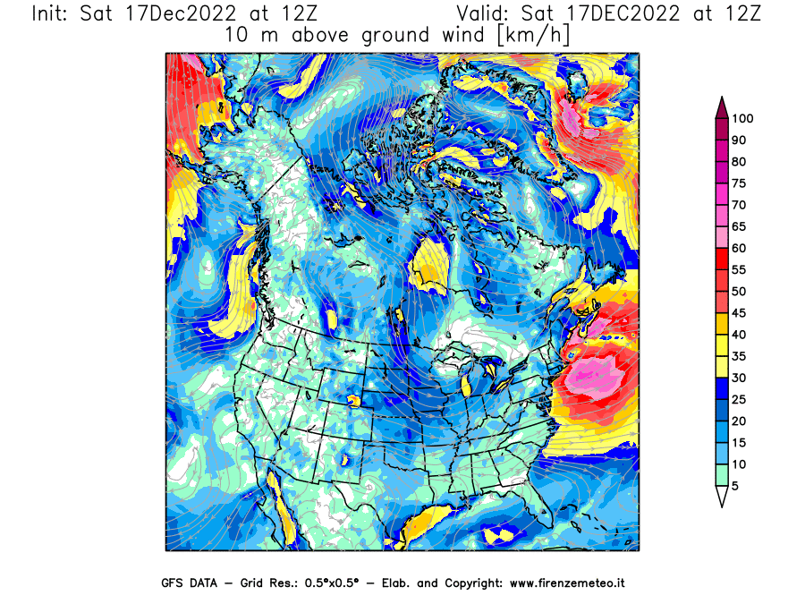 Mappa di analisi GFS - Velocità del vento a 10 metri dal suolo [km/h] in Nord-America
							del 17/12/2022 12 <!--googleoff: index-->UTC<!--googleon: index-->