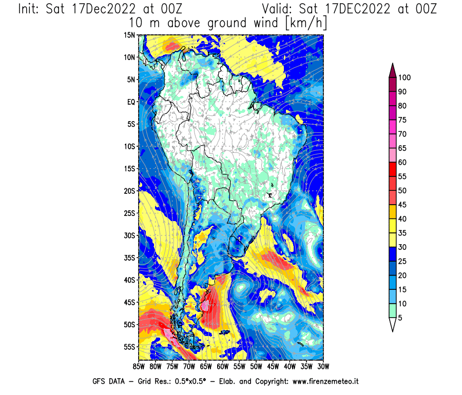 Mappa di analisi GFS - Velocità del vento a 10 metri dal suolo [km/h] in Sud-America
							del 17/12/2022 00 <!--googleoff: index-->UTC<!--googleon: index-->