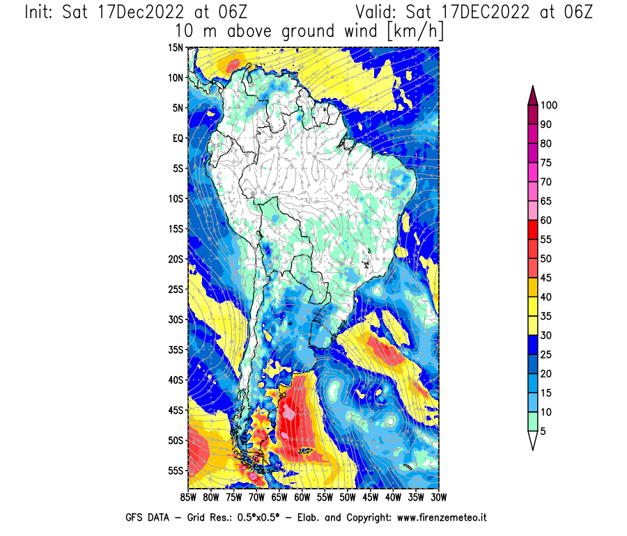 Mappa di analisi GFS - Velocità del vento a 10 metri dal suolo [km/h] in Sud-America
							del 17/12/2022 06 <!--googleoff: index-->UTC<!--googleon: index-->