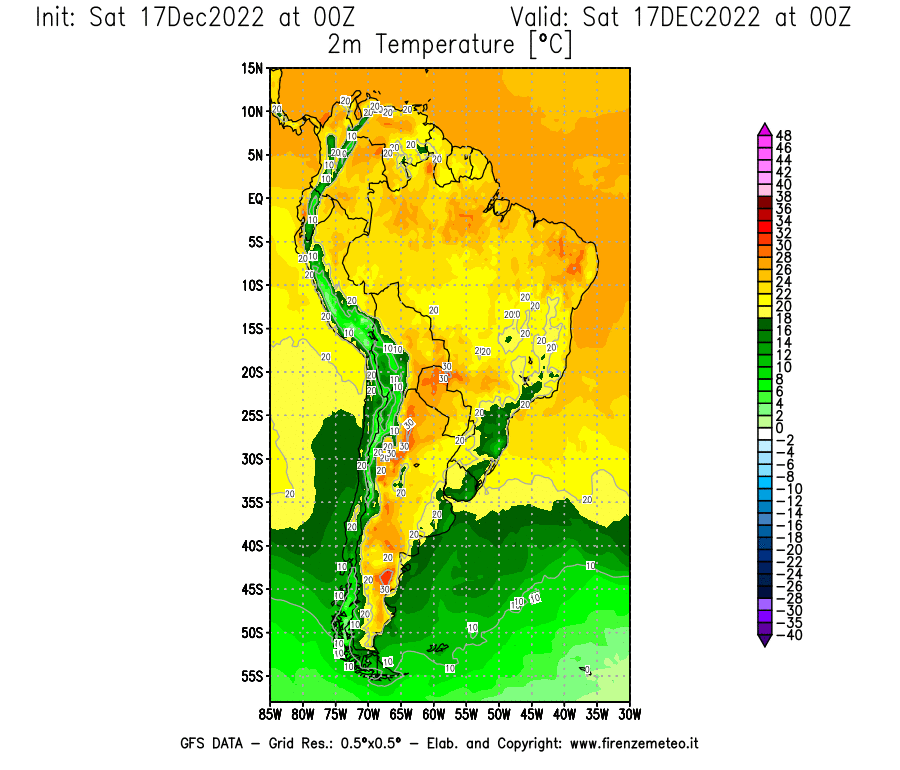 Mappa di analisi GFS - Temperatura a 2 metri dal suolo [°C] in Sud-America
							del 17/12/2022 00 <!--googleoff: index-->UTC<!--googleon: index-->