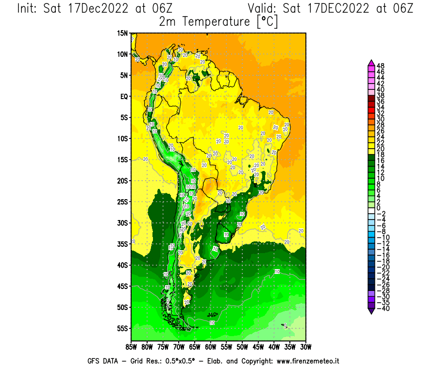 Mappa di analisi GFS - Temperatura a 2 metri dal suolo [°C] in Sud-America
							del 17/12/2022 06 <!--googleoff: index-->UTC<!--googleon: index-->