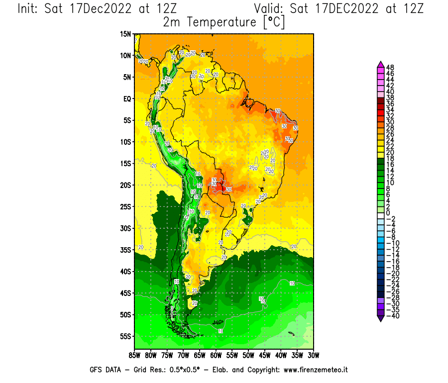Mappa di analisi GFS - Temperatura a 2 metri dal suolo [°C] in Sud-America
							del 17/12/2022 12 <!--googleoff: index-->UTC<!--googleon: index-->