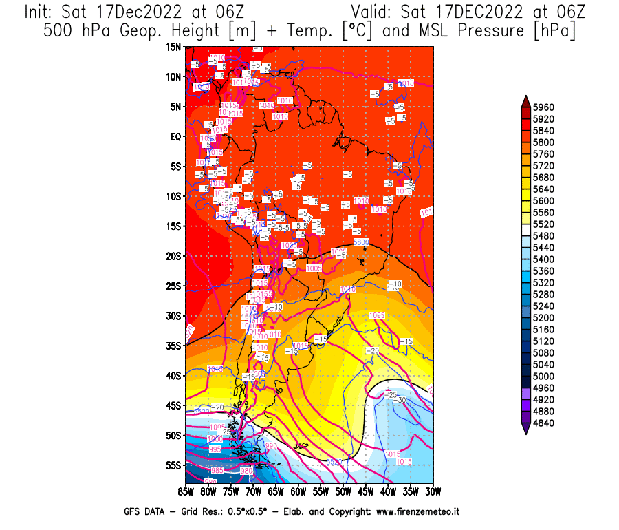 Mappa di analisi GFS - Geopotenziale [m] + Temp. [°C] a 500 hPa + Press. a livello del mare [hPa] in Sud-America
							del 17/12/2022 06 <!--googleoff: index-->UTC<!--googleon: index-->