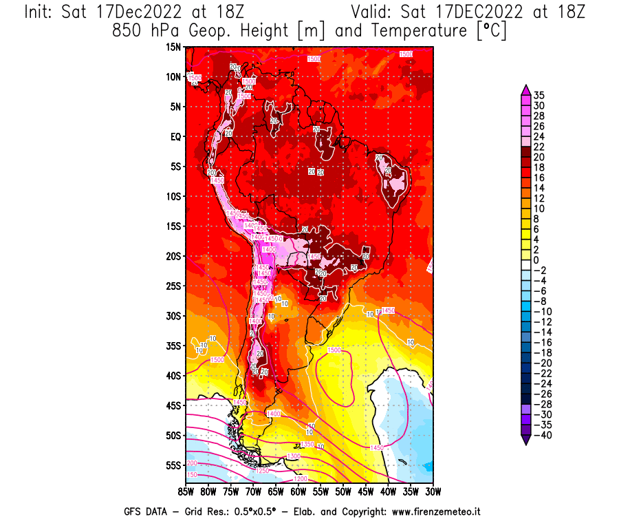 Mappa di analisi GFS - Geopotenziale [m] e Temperatura [°C] a 850 hPa in Sud-America
							del 17/12/2022 18 <!--googleoff: index-->UTC<!--googleon: index-->