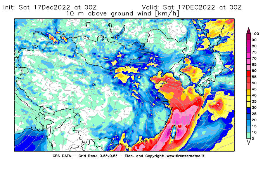 Mappa di analisi GFS - Velocità del vento a 10 metri dal suolo [km/h] in Asia Orientale
							del 17/12/2022 00 <!--googleoff: index-->UTC<!--googleon: index-->