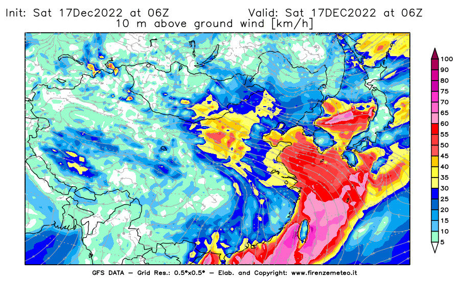 Mappa di analisi GFS - Velocità del vento a 10 metri dal suolo [km/h] in Asia Orientale
							del 17/12/2022 06 <!--googleoff: index-->UTC<!--googleon: index-->