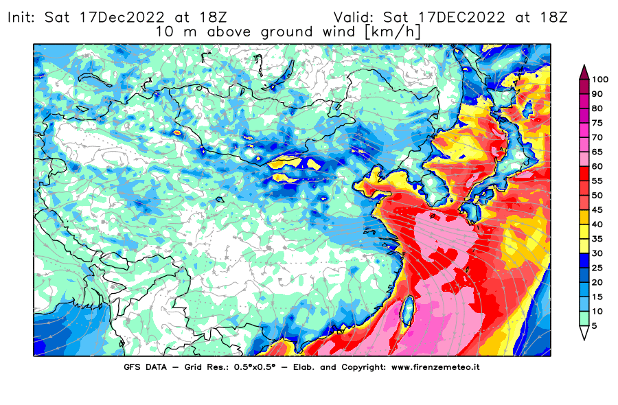 Mappa di analisi GFS - Velocità del vento a 10 metri dal suolo [km/h] in Asia Orientale
							del 17/12/2022 18 <!--googleoff: index-->UTC<!--googleon: index-->