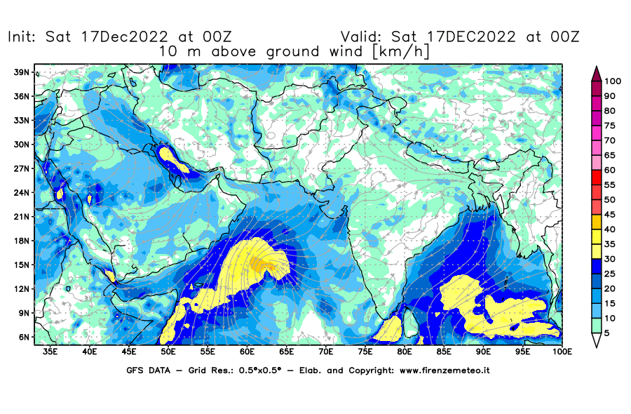 Mappa di analisi GFS - Velocità del vento a 10 metri dal suolo [km/h] in Asia Sud-Occidentale
							del 17/12/2022 00 <!--googleoff: index-->UTC<!--googleon: index-->