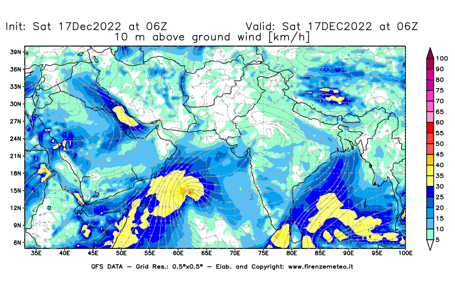 Mappa di analisi GFS - Velocità del vento a 10 metri dal suolo [km/h] in Asia Sud-Occidentale
							del 17/12/2022 06 <!--googleoff: index-->UTC<!--googleon: index-->