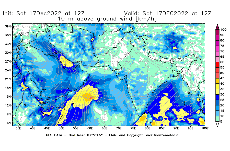 Mappa di analisi GFS - Velocità del vento a 10 metri dal suolo [km/h] in Asia Sud-Occidentale
							del 17/12/2022 12 <!--googleoff: index-->UTC<!--googleon: index-->