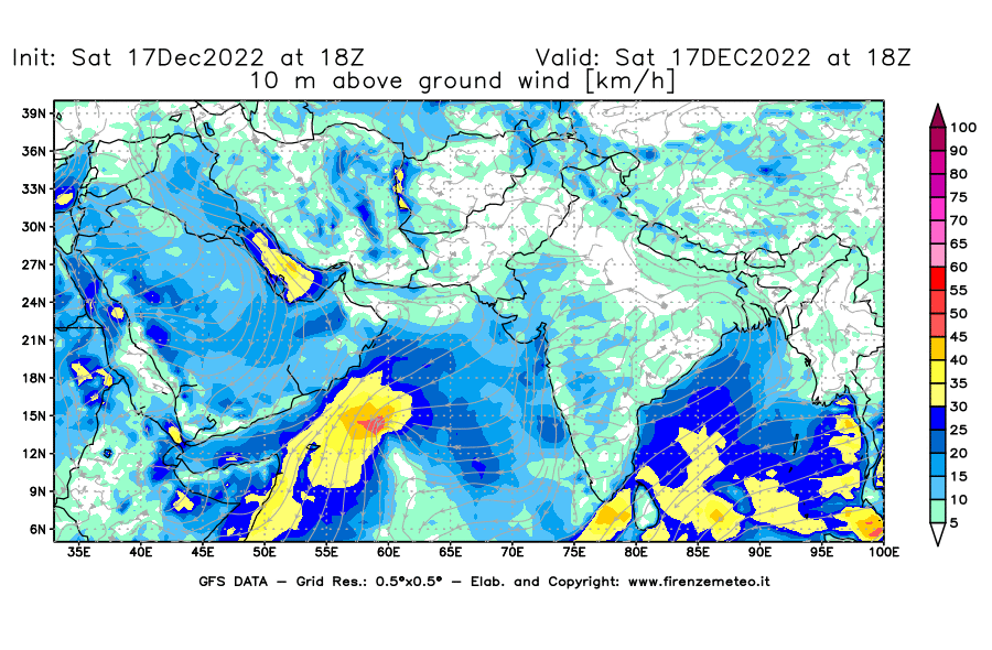 Mappa di analisi GFS - Velocità del vento a 10 metri dal suolo [km/h] in Asia Sud-Occidentale
							del 17/12/2022 18 <!--googleoff: index-->UTC<!--googleon: index-->