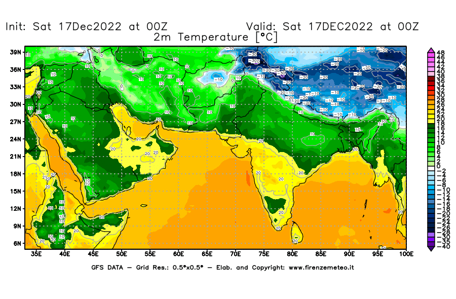 Mappa di analisi GFS - Temperatura a 2 metri dal suolo [°C] in Asia Sud-Occidentale
							del 17/12/2022 00 <!--googleoff: index-->UTC<!--googleon: index-->